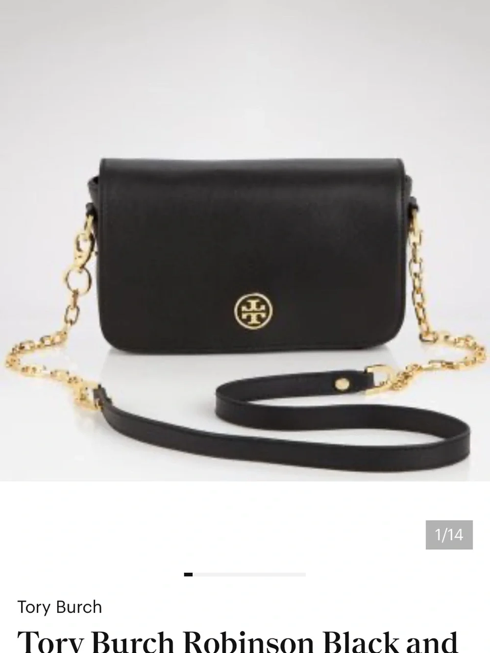 Tory Burch Robinson Mini Black Leather Bag with gold chain & hardware.